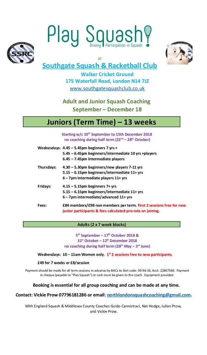 Adult and Junior Squash Coaching September – December 18