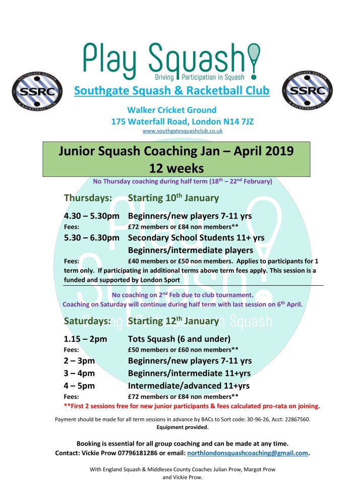 Junior Squash Coaching Jan-Apr 2019