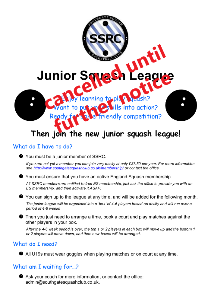 Junior Squash League Cancelled Until Further Notice