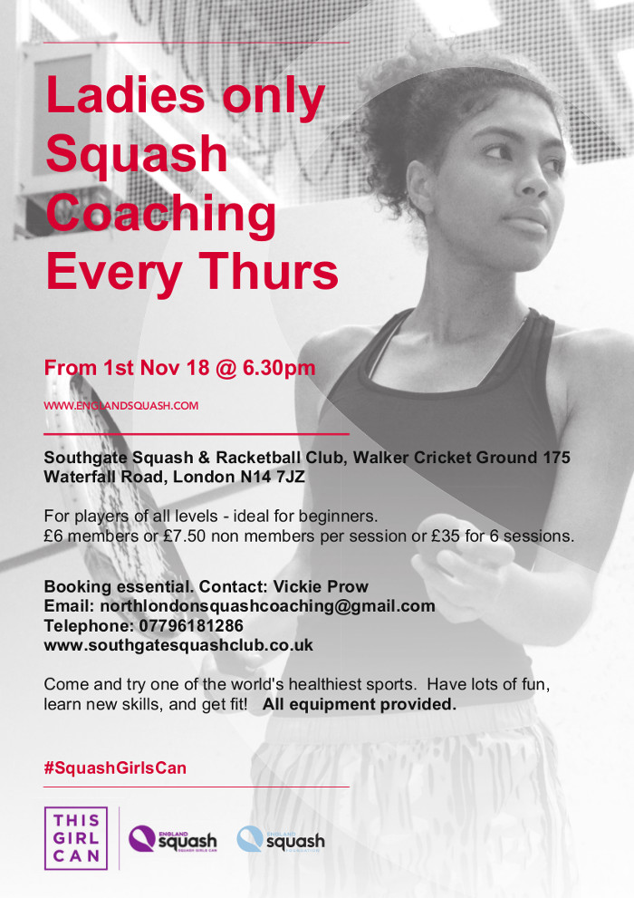 Ladies only Squash Coaching Every Thurs From 1st Nov 18 @ 6.30pm