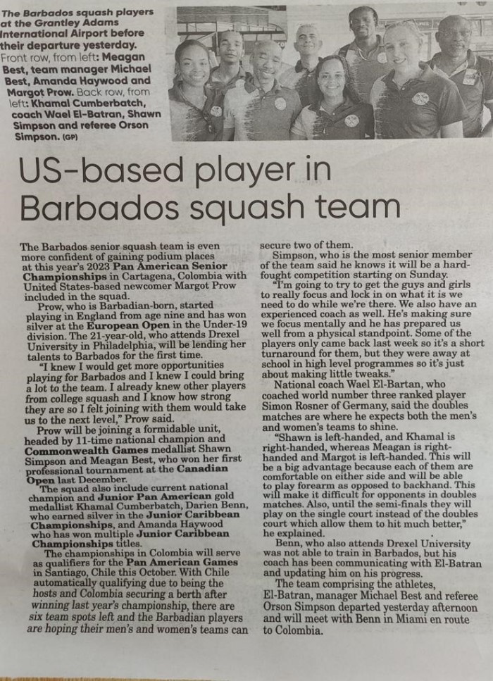 Margot Prow plays squash for Barbados