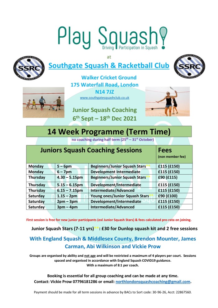 Junior Squash Coaching Sep-Dec 2021
