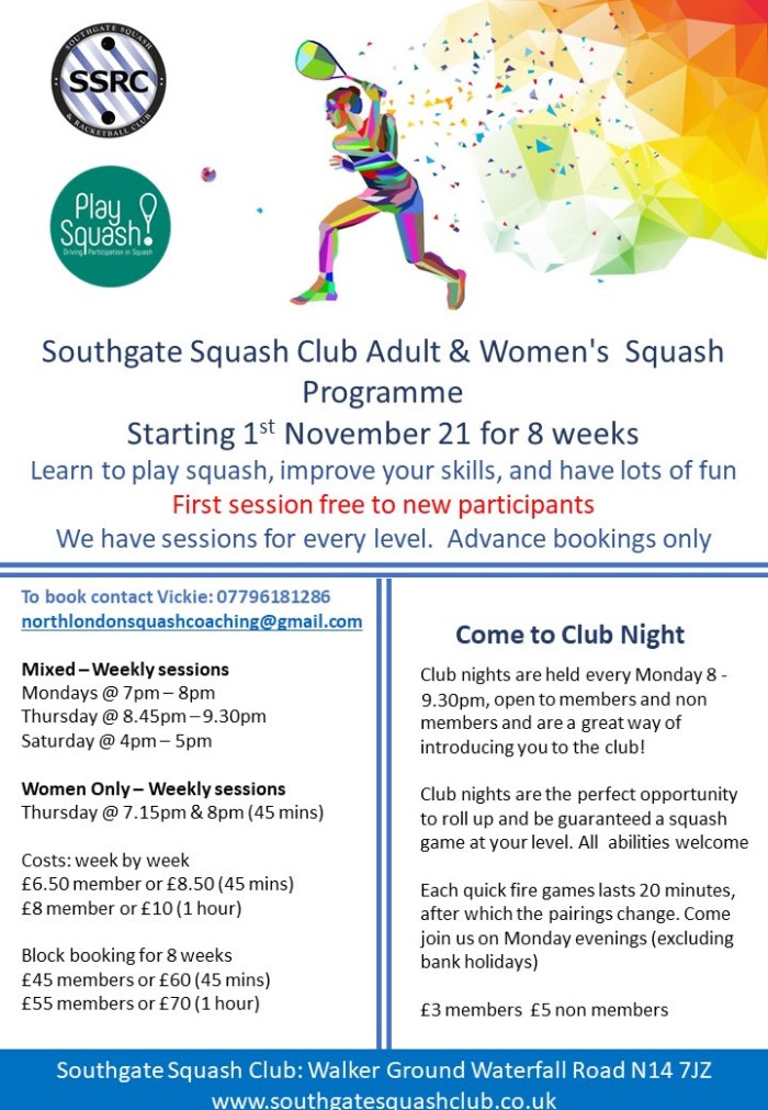 Women's Squash Programme from 1st Nov