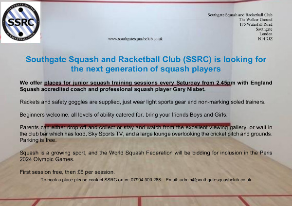 We offer places for junior squash training sessions every Saturday from 2.45pm with England Squash accredited coach and professional squash player Gary Nisbet.