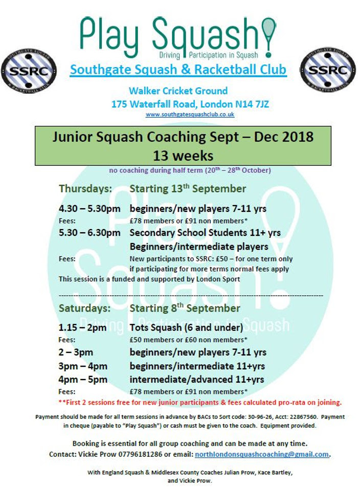 Junior Squash Coaching Sep/Dec 2018