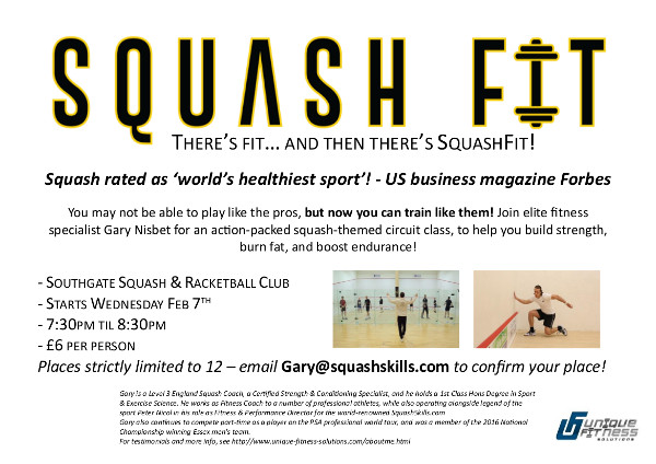 You may not be able to play like the pros, but now you can train like them! Join elite fitness specialist Gary Nisbet for an action-packed squash-themed circuit class, to help you build strength, burn fat, and boost endurance!
