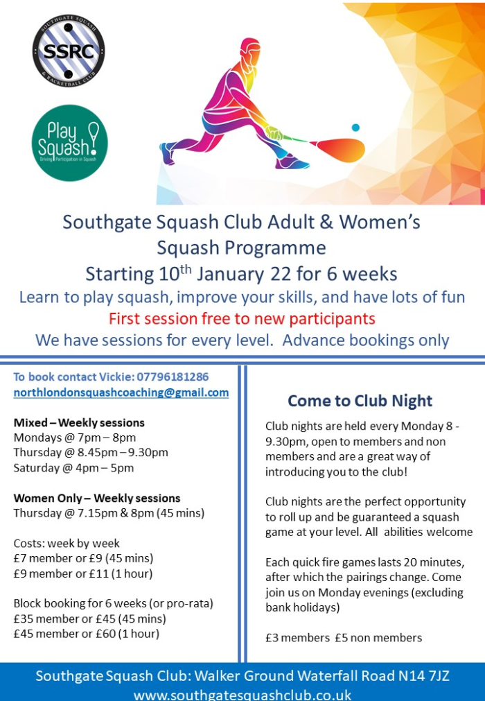 Adult & Women's Squash Programme from 10th Jan