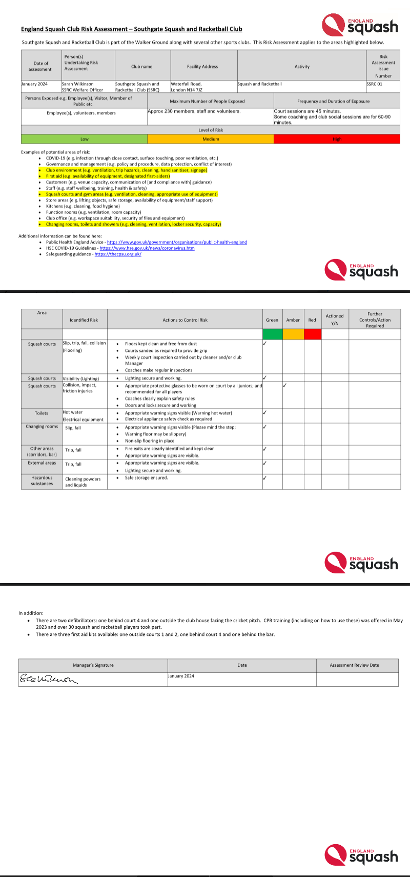 England Squash Club Risk Assessment – Southgate Squash and Racketball Club