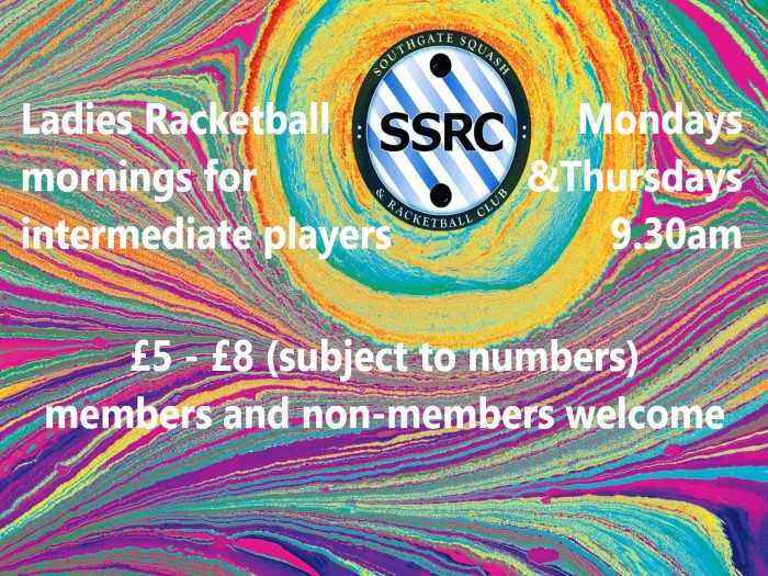 Ladies Racketball(squash57) mornings, Mondays & Thursdays, 9.30am