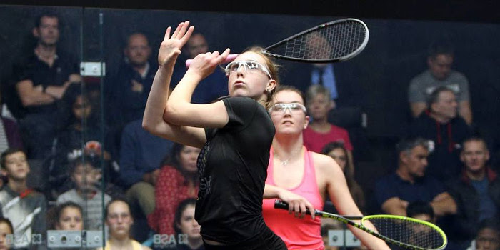 Margot Prow playing at the Dunlop British Junior Championships