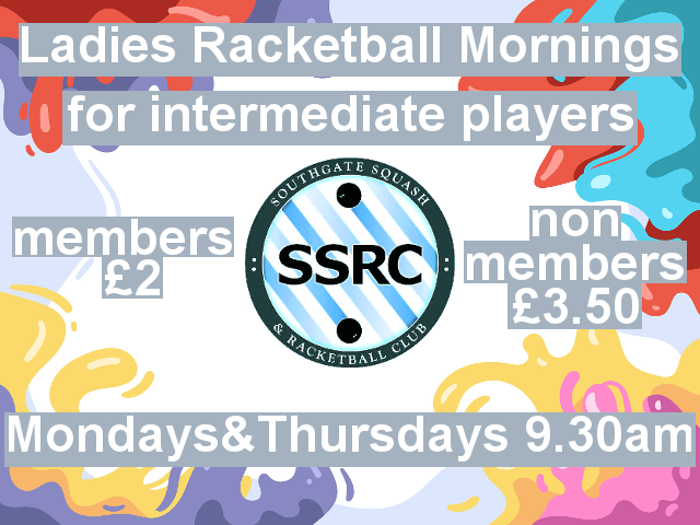 Ladies Racketball(squash57) mornings, Mondays & Thursdays, 9.30am
